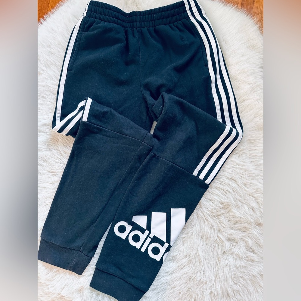 Adidas Sweatpants Joggers Black w White Adidas Stripes Logo Boys Size L 14/16
